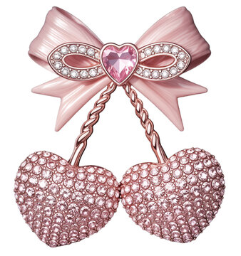Pink Coquette Bow with Rhinestone Heart Cherries Valentine's Day Design transparent png