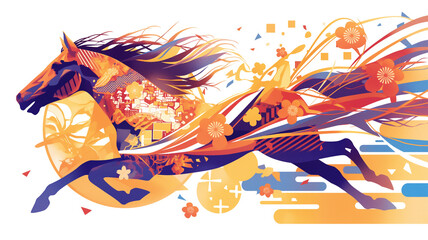 風を切って駆ける馬と重なる和文様が印象的な2026年干支年賀用イラスト｜伝統的な意匠と抽象的構成が特徴で、和風アートや正月素材としても汎用性抜群