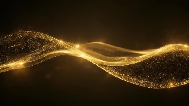 Mesmerizing golden particle wave elegantly flowing through a dark abyss, creating a dynamic and luxurious abstract light effect, perfect for digital design backgrounds