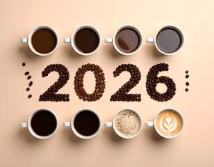 Coffee cups and beans arrange to show 2026. Different coffee hues