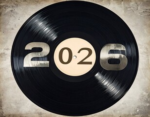 Vinyl record with 2026 cut out, on textured, aged paper