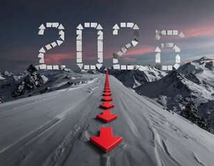 Snowy mountain path leads to 2025, with arrows and sunset in background