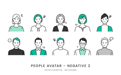 40代〜60代シニア世代男女　ネガティブな表情と記号のシンプルなベクターイラストアイコンセット