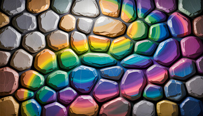 Smooth stones with rainbow colors are arranged in a tight pattern each stone showing unique stripes and gradients creating a vibrant abstract mosaic with a glossy finish