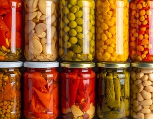 Assortment of colorful, preserved vegetables in glass jars on display