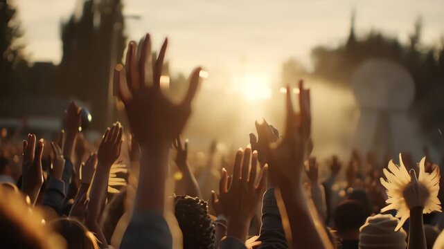 Close-up of hands raised in worship during a sunrise service outdoors, gentle wind rustling, warm golden light, emotional energy, cinematic depth of field