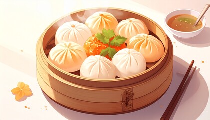 Freshly Steamed Xiaolongbao and Shumai Dumplings Illustration: High-Quality Food Graphic Perfect for Restaurant Menus and Advertisements.
