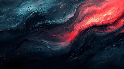 High-detail fluid art background with swirling waves of teal and glowing red, resembling molten lava or liquid marble.