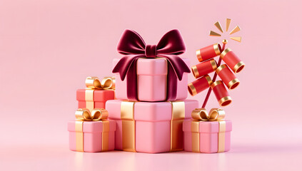 Obraz premium Modern New Year gift boxes with abstract firecrackers