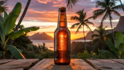 AI-generated amber beer bottle with condensation on wooden table at tropical sunset, palm trees and island landscape, unbranded beverage still life concept