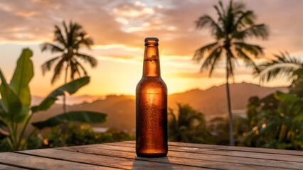AI-generated amber beer bottle with condensation on wooden table at tropical sunset, palm trees and island landscape, unbranded beverage still life concept