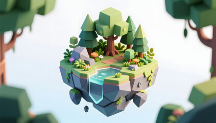 Miniature forest world on a floating island with stone base