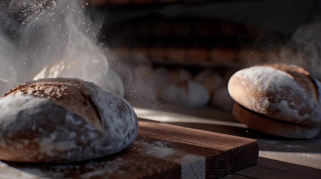 Freshly baked bread loaves on a wooden board, steaming in a bakery environment from a side viewpoint