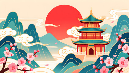 Spring peach blossoms in full bloom with sunrise and mountains