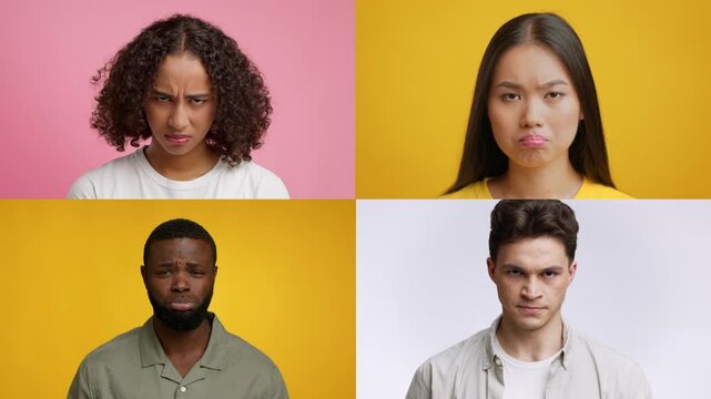 Four individuals exhibit distinct emotions, portraying a range of feelings. Each person expression captures different sentiments, set against colorful backgrounds that enhance their emotional depth.