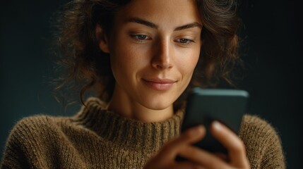 A woman engrossed in her phone, radiating warmth and serenity 