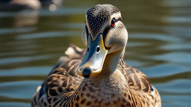 Front-facing close-up of a stunning wild duck with distinctive markings, gracefully floating on the smooth water of a peaceful pond on a bright day