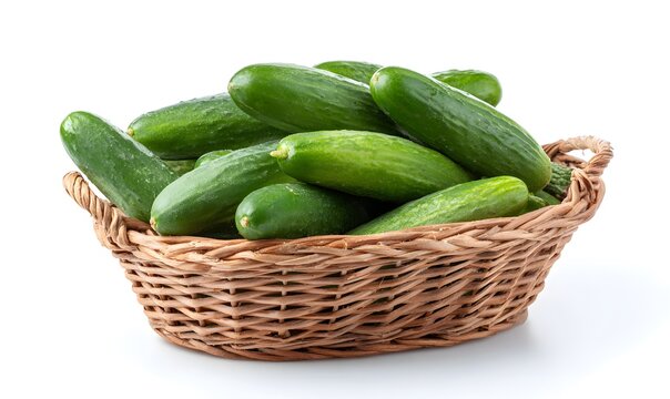 a bunch of cucumbers in a basket, white isolated background