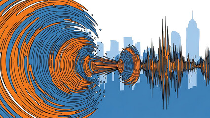 city noise pollution abstract energy waves flowing through an urban skyline illustrating acoustic impact and data visualization concepts.