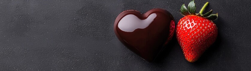 Heart-shaped chocolate and fresh strawberry on dark surface.
