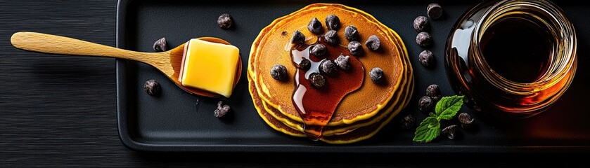 Stacked chocolate chip pancakes with syrup and butter.