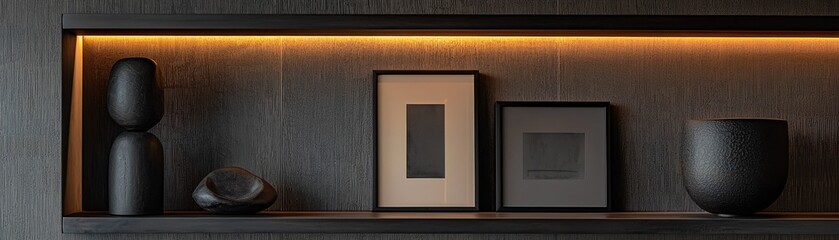 Dark shelf showcasing minimalist decorative items