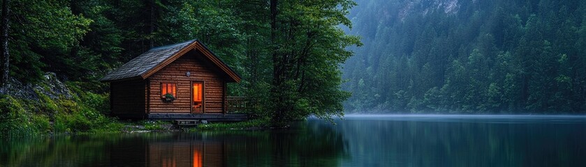 Tranquil cabin nestled by a serene lake.