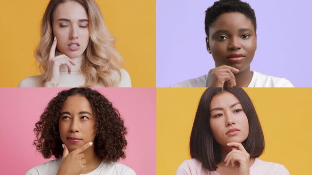Four women display various emotional expressions against vibrant backgrounds. Each person represents a different background, showcasing unique feelings of contemplation and curiosity.
