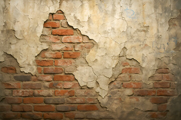 Worn plaster peels away from a brick wall revealing red bricks beneath with cracks stains and textures from age and weather creating a rustic distressed appearance