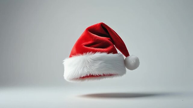 A festive red and white Santa hat floating in mid-air against a soft gray background