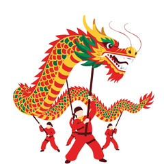 A colorful dragon puppet being carried by three people in red costumes against a clean white background with a vibrant and festive mood.