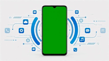 Smartphone with green screen surrounded by app icons and digital network elements. - Powered by Adobe