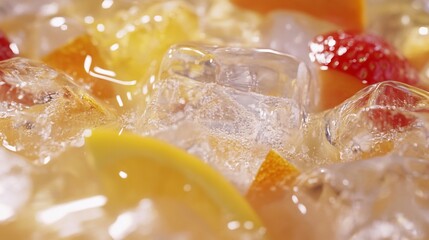 Refreshing Summer Drink, Close-Up of Ice Cubes and Colorful Fruits