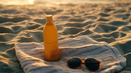 Beach essentials basking in the warm glow of the setting sun creating serene vibes