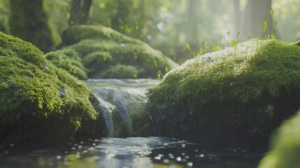 Enchanting Stream Flows Through a Lush Mossy Forest landscape scenery