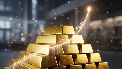 A stack of gold bars with an upward trending graph in a warehouse setting