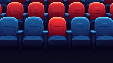 Rows of colorful seats in a theater or cinema, showcasing comfort and entertainment for the audience ready for the show