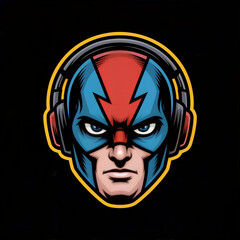 Headphone-Wearing Masked Music Superhero in Vibrant Colors: Bold Graphic Illustration of Iconic Character with Powerful Gaze and Dynamic Expression against Dark Background