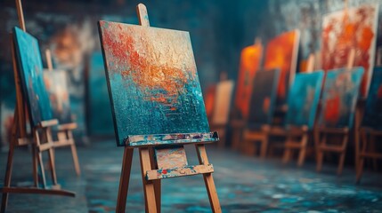 Abstract art exhibition featuring canvas paintings on easels in a gallery setting