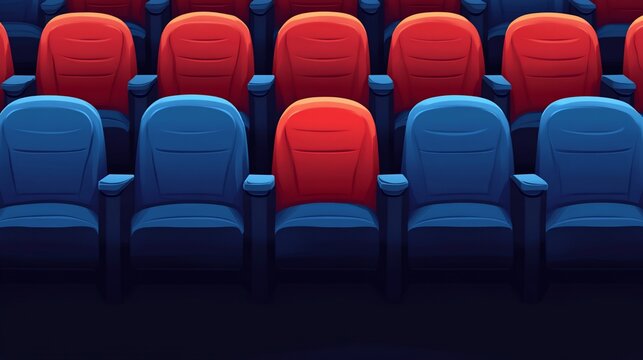 Rows of colorful seats in a theater or cinema, showcasing comfort and entertainment for the audience ready for the show
