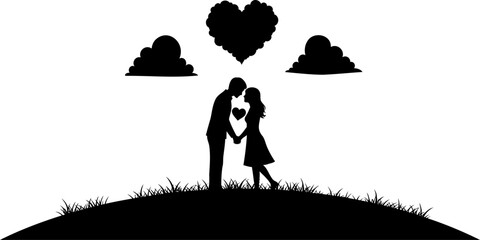 Romantic couple standing together under heart sky silhouette symbolizing love and connection