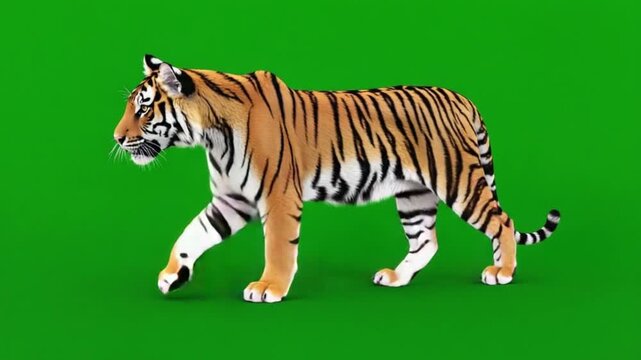 Majestic tiger walking on green screen with confident stride