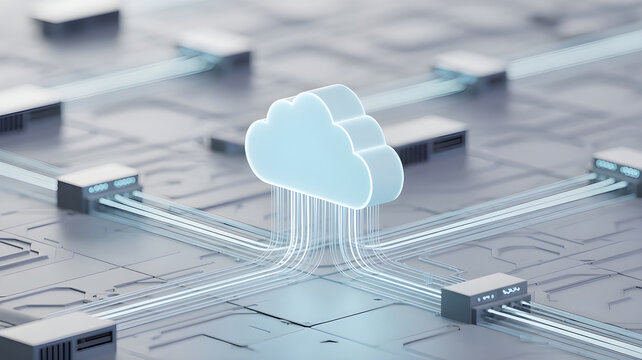 Modern cloud computing concept, glowing cloud icon connected to servers and data lines, clean abstract technology background, soft blue and white colors, professional business style
