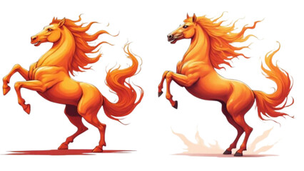 Two fiery orange horses rearing up on black background with flames