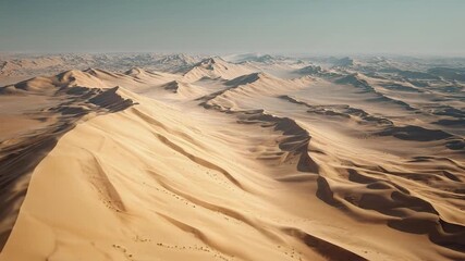 An expansive aerial view captures a majestic desert landscape, featuring endless golden sand dunes under a clear, bright sky. Sunlight creates intricate patterns of light and shadow, highlighting the - Powered by Adobe