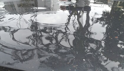 Reflections in rain puddles create distorted scenery