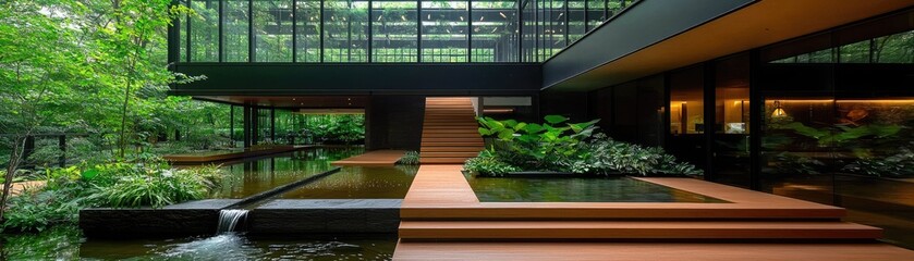 Modern architectural design with indoor water features.