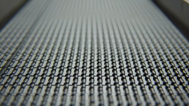 Close-up of a moving walkway surface in motion, featuring the intricate pattern of interlocking metal segments for efficient pedestrian transport.