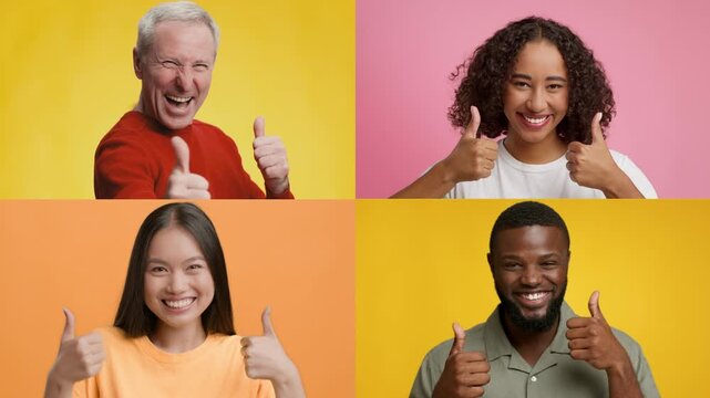 A joyful collage features four individuals from different backgrounds, each giving a thumbs up and showcasing a range of emotions against vibrant colored backgrounds.