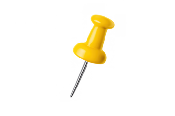 Yellow push pin or thumbtack with metal needle on a transparent background for pinning important notes or locations